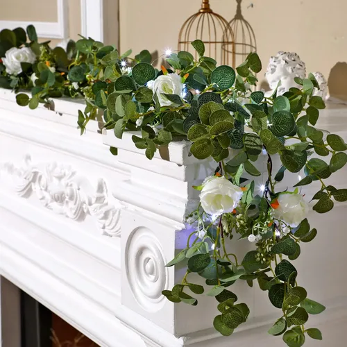 Vista 3 de Geosar - 2 guirnaldas de eucalipto de 6.5 pies con 20 luces LED, flores de rosas Artificial Flower Vines for Wedding Arch Backdrop Table