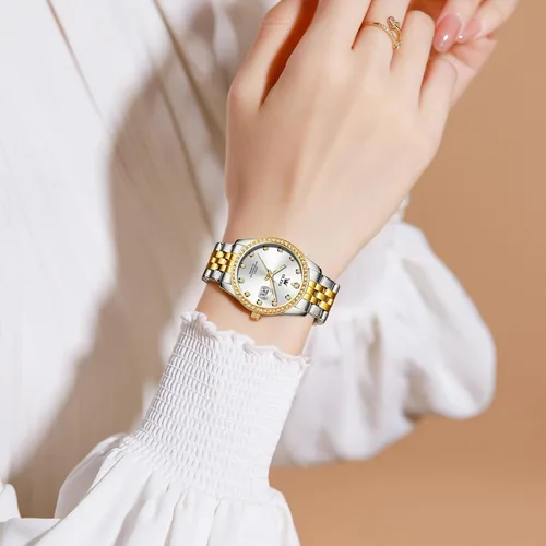 Vista 3 de OLEVS Reloj de acero inoxidable para mujer, estilo vintage, dorado, plateado, de dos tonos, analógico, de cuarzo, casual, impermeable