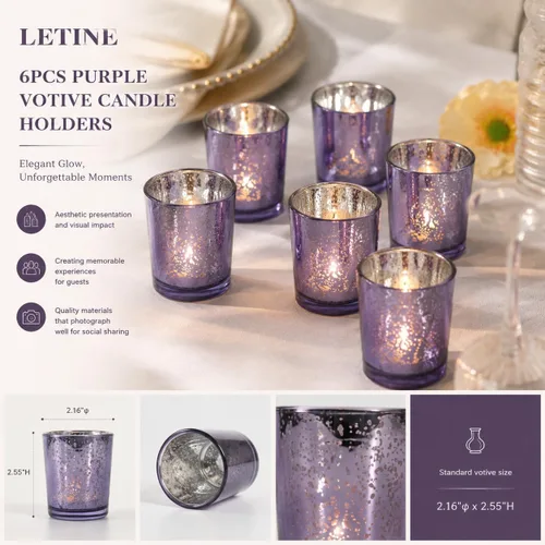 Vista 2 de LETINE 6 portavelas votivas moradas, tamaño votivo estándar para velas votivas regulares, soporte para velas de té para decoración del hogar Púrpura