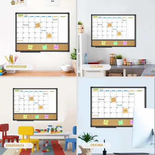 Vista 4 de JILoffice Calendario magnético con combinación de pizarra blanca y tablero de corchos de anuncios, tablero combinado de 24 x 18 pulgadas, marco