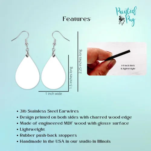 Vista 10 de Dangle Earrings for Women Colorful Dangling Drop Statement Jewelry Printed MDF Wood Teardrop Double Side Print Handmade by The Painted Pug