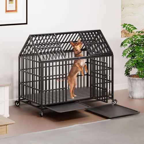 Vista 4 de Jaula indestructible para perros de 54 pulgadas, resistente a prueba de escapes, de acero, doble puerta, alta ansiedad, con ruedas, bandeja