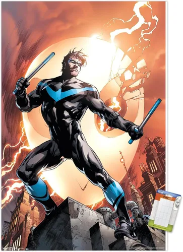 Vista 24 de Trends International DC Comics Nightwing - Póster de pared de fuego, 14.725 x 22.375 pulgadas, versión enmarcada de madera de granero