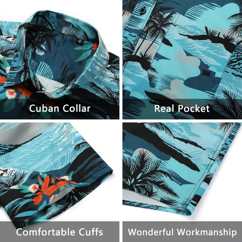 Vista 2 de Camisas hawaianas de manga corta para hombre, camisas tropicales casuales de verano, con botones, floral, para vacaciones, playa, Aloha Hawaii