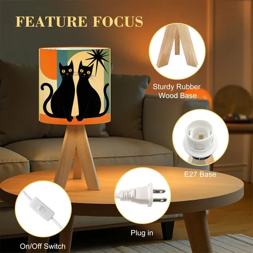 Vista 3 de Tripod Table Lamp Mid Century Modern Black Cat Retro Atomic Halloween Bedside Lamps Small Lamp Nightstand Lamp with Linen Lampshade Table Lamps for