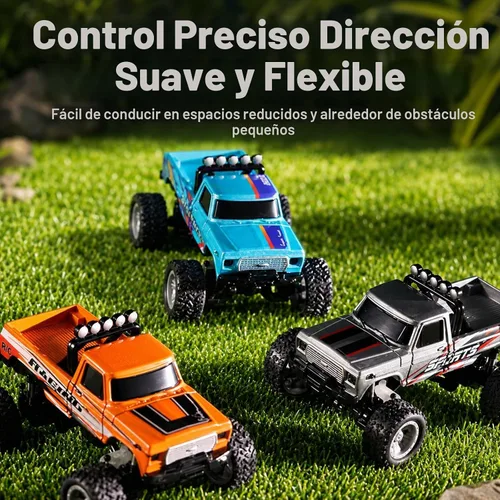 Vista 4 de Mini camión monstruo de control remoto a escala 1:64 con remolque 2.4 GHz y control dual de aplicación, mini auto RC de aleación con luces LED Azul