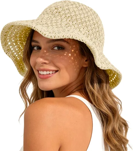 Vista 9 de Sombrero de playa para mujer, sombrero de paja para verano, protección UV, plegable, transpirable, estilo de ganchillo caqui (1pack-khaki)