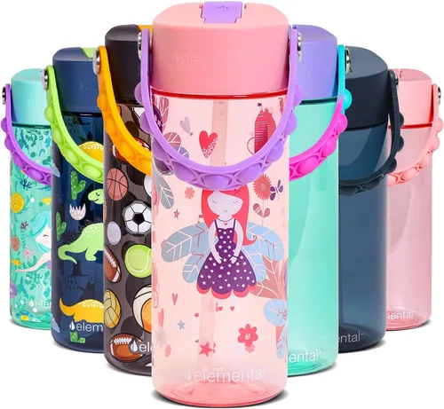 Vista 9 de Elemental Botellas de agua para niños – Botella de agua para niños Splash para la escuela con mango Pop-it – Botella de agua de plástico Tritan sin