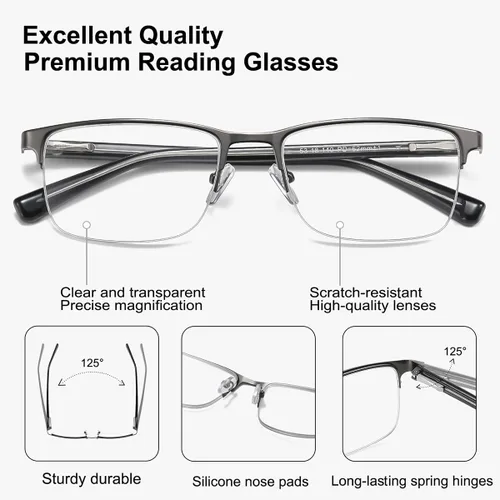 Vista 2 de EYECEDAR Paquete de 5 lentes de lectura para hombre, marco de acero inoxidable ultrafino, bisagras de resorte de metal, lectores para hombres