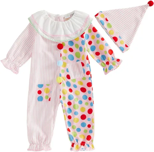 Vista 10 de Adobabirl Toddler Baby Halloween Clown Costume Long Sleeve Romper with Hat Blanco