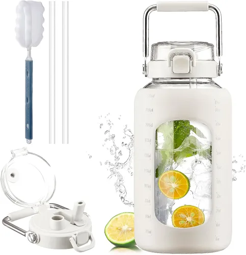 Vista 16 de BLUEGO Botella de agua de vidrio de 64 onzas con mango de acero inoxidable, botella de agua grande con marcadores de tiempo y funda de silicona Ámbar