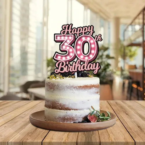 Vista 5 de Decoración para pastel de cumpleaños 30 con purpurina rosa Let's Glow Crazy Party Theme Decor Supplies Men Women Happy Birthday 30 Anniversary Party