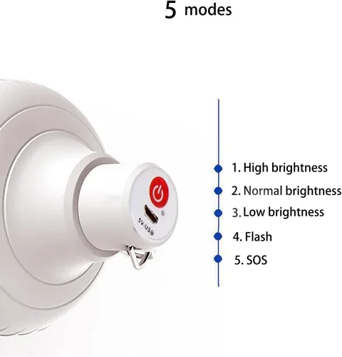 Vista 4 de Bombilla LED de emergencia multifuncional con carga USB, capaz de recargar dispositivos móviles, ideal para cortes de energía, campamento en tienda