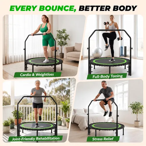 Vista 6 de Mini trampolín rebotador de 40 pulgadas para adultos, carga de 440 libras, color verde Foldable Indoor Trampoline with PP Mat, Alloy Steel Frame