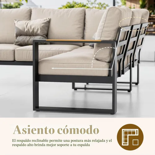 Vista 4 de Juego de muebles de aluminio para patio, sofá modular para todo tipo de clima, juegos de conversación de patio en forma de L, sofá esquinero