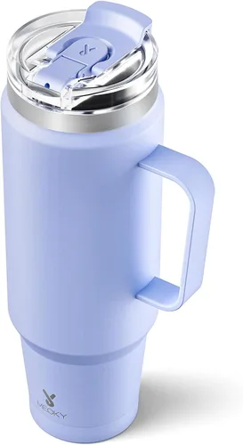 Vista 13 de Meoky Vaso de viaje de acero inoxidable de 40 onzas con asa, taza de viaje de acero inoxidable con tapa para sorber 2 en 1, taza de café aislada al