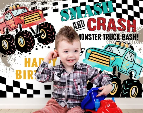 Vista 3 de Ticuenicoa Grave Digger - Fondo de cumpleaños de Monster Truck – Fondo de cabina de fotos con diseño de llama de 5 x 3 pies para niños, decoración