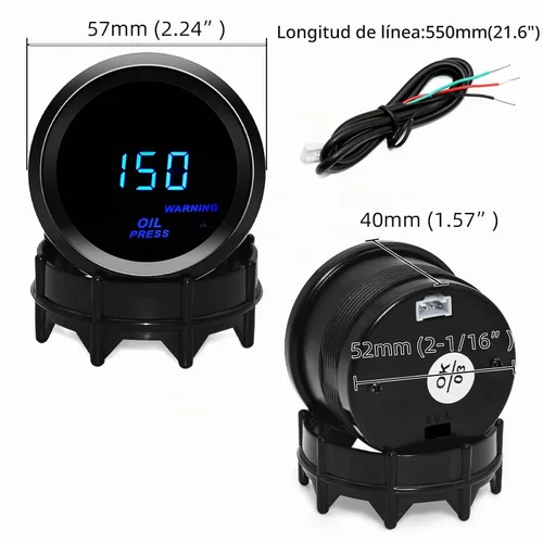 Vista 2 de Medidor de presión de aceite de 2 pulgadas = 52 mm con kit de emisor LED azul digital para automóvil de 12V (negro)