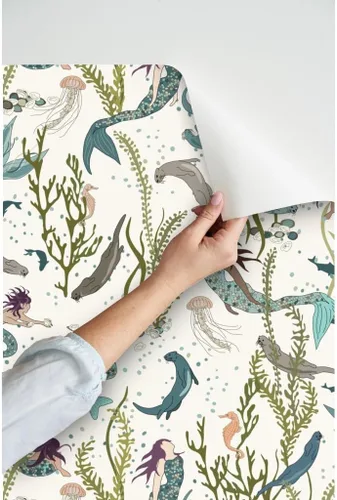 Vista 3 de Papel tapiz para despegar y pegar, diseño de sirenas nutrias, blanco, verde, azul, mar, océano, fondo de pantalla extraíble personalizado Spoonflower