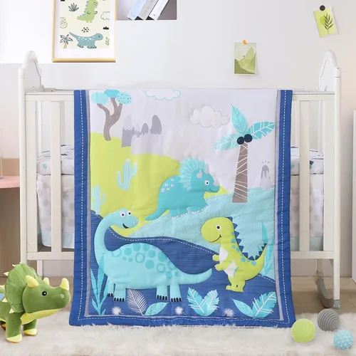 Vista 11 de Juego de ropa de cama para cuna de dinosaurio para niños, color azul, juego de ropa de cama de 3 piezas de alta calidad, juego de cuna de guardería