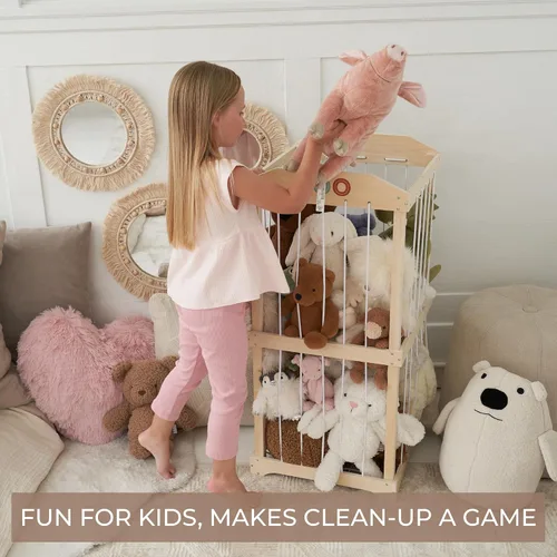 Vista 5 de Almacenamiento de animales de peluche de madera para niños – Gran organizador y soporte de almacenamiento de juguetes para la sala