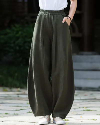 Vista 3 de Pantalones de lino y algodón holgados para mujer, con cintura elástica para relajarse. Pantalones estilo harén Verde militar