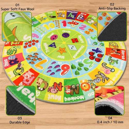 Vista 5 de Alfombra redonda de felpa ABC para niños, alfombra de juegos educativa esponjosa de 4 pies, alfombra de juego con forma de número del alfabeto