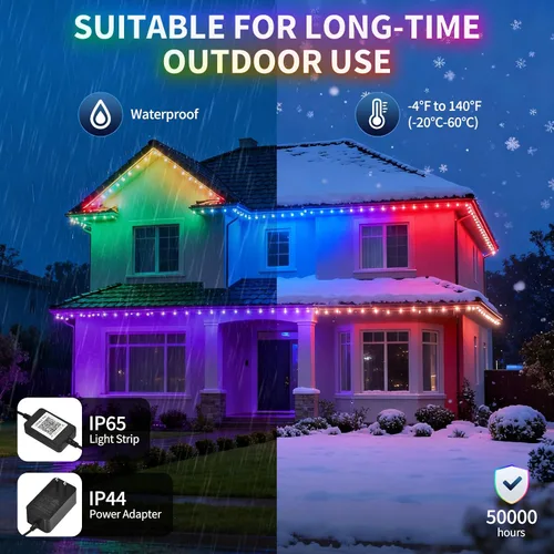 Vista 7 de Luces permanentes para exteriores de 100 pies con 50 LED, 16 millones de colores DIY RGB Christmas Lights, App/Remote Control, 33 Scene Modes, 216
