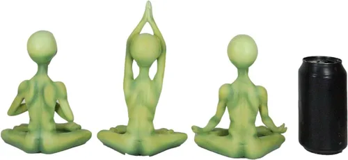 Vista 7 de Ebros Gift OVNI Sighting Green Roswell Alien ET Yoga Meditación Lotus Pose Body Mind and Soul Sitting Figurines Set de 3 criaturas extraterrestres