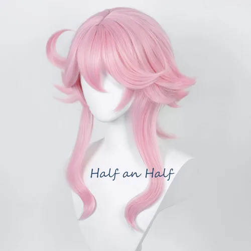 Vista 4 de Uniquebe Dori - Peluca de cosplay para Genshin Impact peluca rosa con flequillo clip de pelo Ahoge con orejas de elfo gorra de peluca