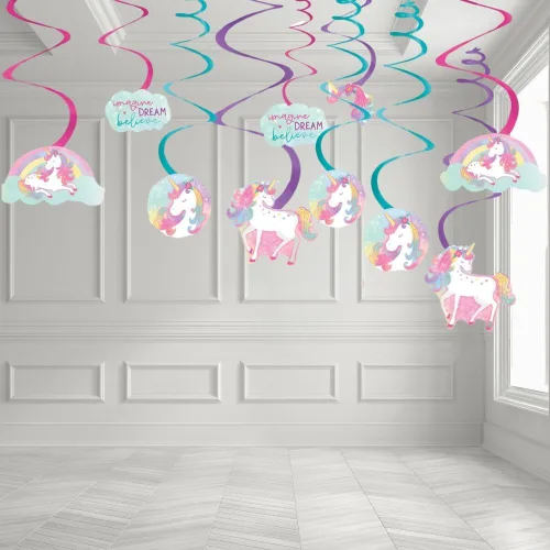 Vista 3 de Decoraciones colgantes de remolinos – 5 y 7 pulgadas (paquete de 12) – Perfecto para fiestas temáticas y eventos, unicornio encantado