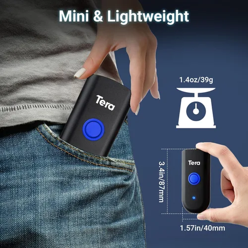 Vista 5 de Tera Mini escáner de código de barras 1D: escáner láser inalámbrico impermeable de bolsillo 3 en 1 compatible con Bluetooth USB con cable portátil