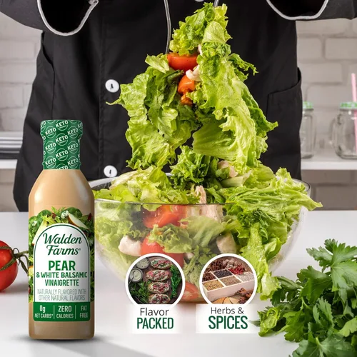 Vista 6 de Aderezo de ensalada de vinagreta de pera y vinagre balsámico blanco Walden Farms – Sin calorías, sin gluten, bajo en carbohidratos, apto para keto