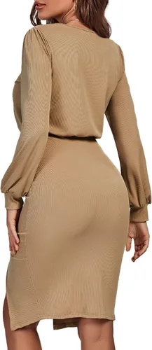 Vista 2 de Rooscier Vestido midi de punto acanalado con cuello redondo y manga larga abombada para mujer