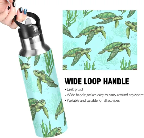 Vista 4 de Insulated Stainless Steel Water Bottle with Straw 32 Oz, Leakproof Water Bottles for Gym Outdoor Travel School, Green Sea Turtles