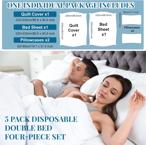 Vista 3 de Preboun Juego de 5 sábanas desechables para hotel, incluye sábanas de cama, fundas de almohada, funda de almohada, funda blanca suave y portátil