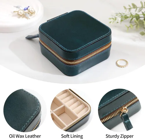 Vista 4 de Ringsun Joyero de cuero genuino pequeño joyero de viaje para mujer, organizador de viaje portátil para anillos, aretes, collar, pulsera