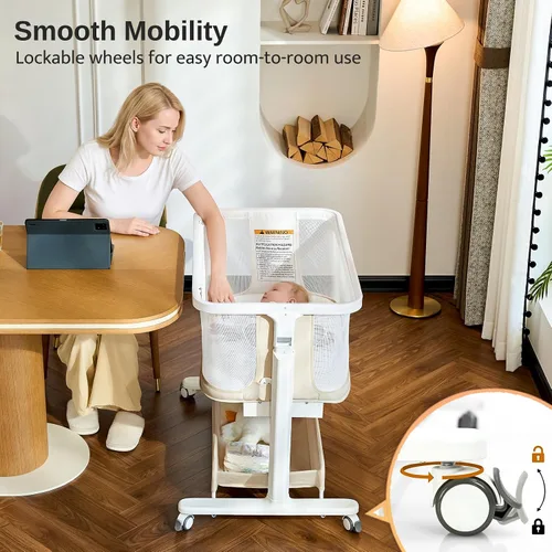 Vista 5 de Moisés de malla para bebé de 0 a 6 meses, moisés mecedor eléctrico con 3 velocidades de balanceo y 8 música, color beige