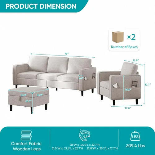 Vista 2 de BALUS Juego de sofás de sala de estar de 78 pulgadas, sofá de 3 plazas con bolsillo lateral y juego de muebles otomanos de almacenamiento, sofá