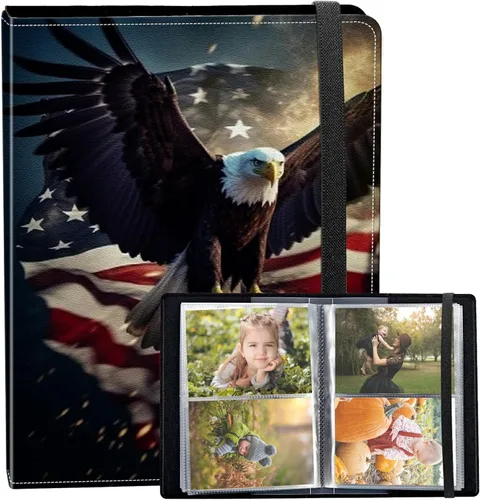 Vista 48 de Álbum de fotos de 3.5 x 5 pulgadas, cubierta de piel sintética de pequeña capacidad, mini álbum de fotos de águila americana de 3.5 x 5 con banda