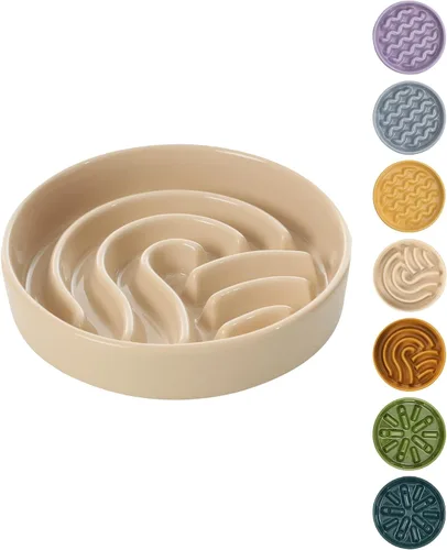 Vista 11 de Comedero de cerámica con laberinto para perros de alimentación lenta con borde de silicona antideslizante – Tazón de gres resistente