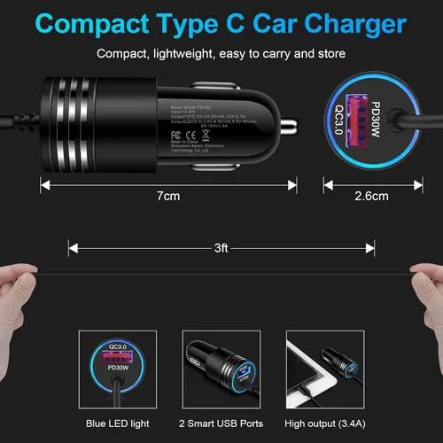Vista 5 de Cargador de Coche Súper Rápido de 48W USB C Adaptador de Coche Rápido Android con Cable de Carga Rápida Tipo C de 30W Integrado para Samsung Galaxy