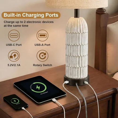 Vista 2 de OYEARS Juego de 2 lámparas de mesa de noche de 26.5 pulgadas, lámpara de mesa de granja con puertos de carga USB A+C, lámpara de mesita de noche