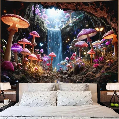 Vista 27 de Zussun Tapiz de hongo rojo, tapices de luna y estrella para dormitorio, estética de color beige, noche estrellada, planta verde, tapiz de pared