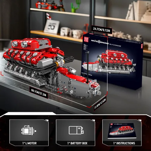 Vista 7 de Mould King Kit de modelo de motor V12 que funciona – Juego de bloques de construcción de mini motores motorizados con batería y cambio de marchas