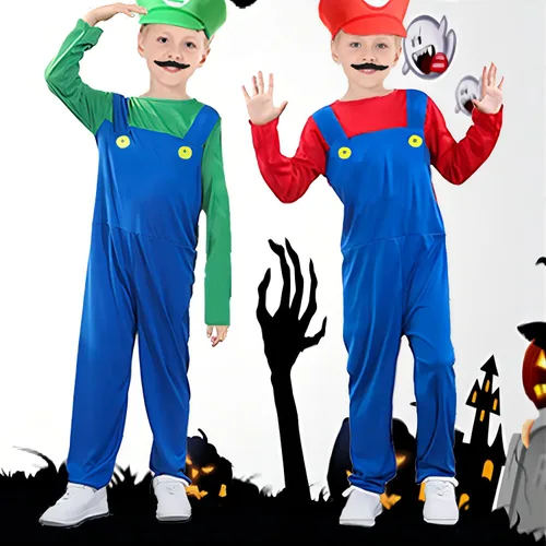 Vista 6 de PUVKVE Disfraz de Super Brothers, disfraz de Halloween para adultos, niños, fontanero, cosplay, overoles con accesorio