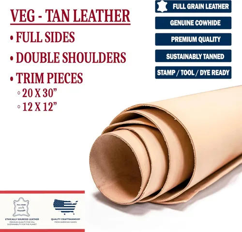 Vista 2 de Realeather Veg Tan Tooling Leather - Paquete variado de cuero para manualidades, cuatro hojas de 8.5" x 11" (3-4oz, 4-5oz, 5-6oz, 7-8oz), natural