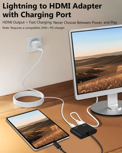 Vista 5 de Adaptador Lightning a HDMI para iPhone, [certificado Apple MFi] Dongle digital AV, cable de pantalla de sincronización 1080P con puerto de carga