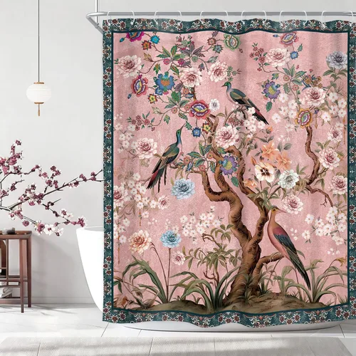 Vista 9 de Cortina de ducha floral roja para baño, 60 pulgadas de ancho x 72 pulgadas de largo, flor de cerezo, ciruela, estética asiática, japonesa, acuarela