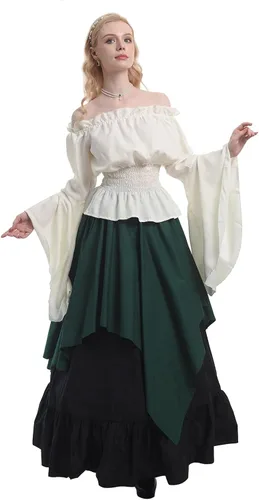 Vista 3 de CR ROLECOS Disfraz renacentista para mujer, vestido medieval campesino, manga trompeta, camisa y falda victoriana